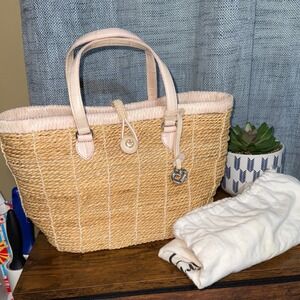 Brighton Straw Wicker Tote Bag Purse Heart Charm Beige Leather‎ Trim